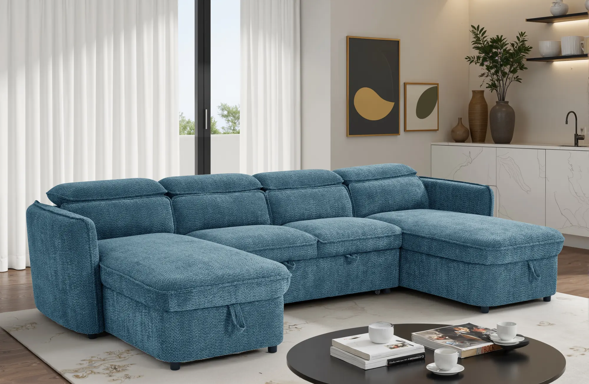 Capri blue U shape corner sofa in a living room