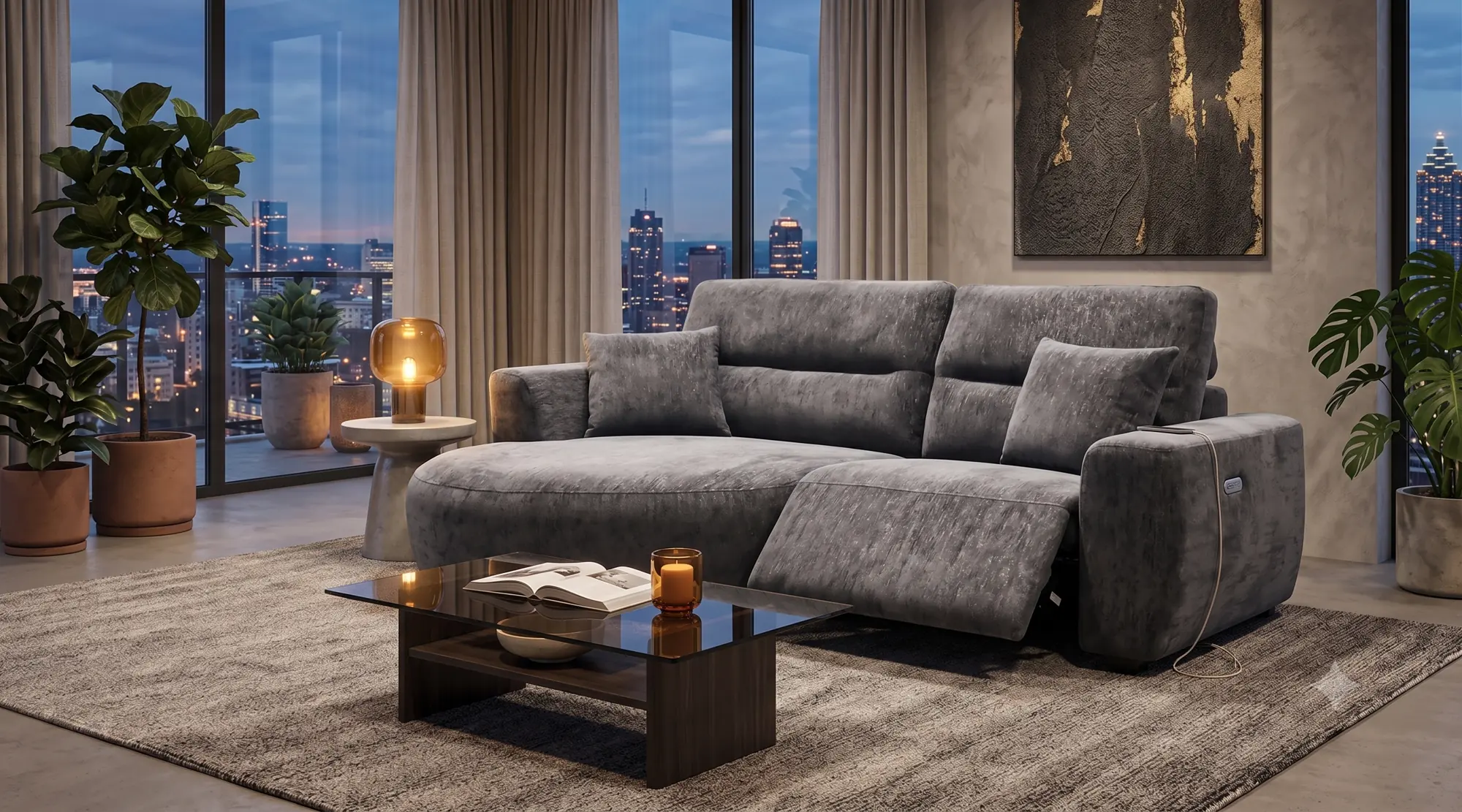 Denver black sofa in a city apartment at dusk