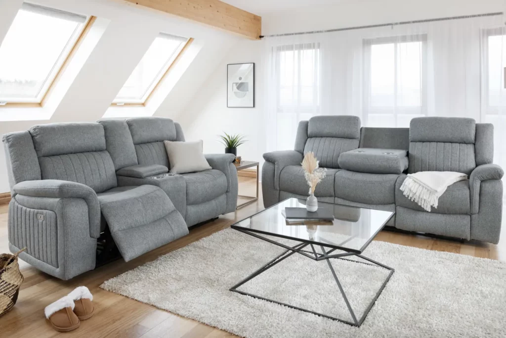 Linden grey recliner set in a family room