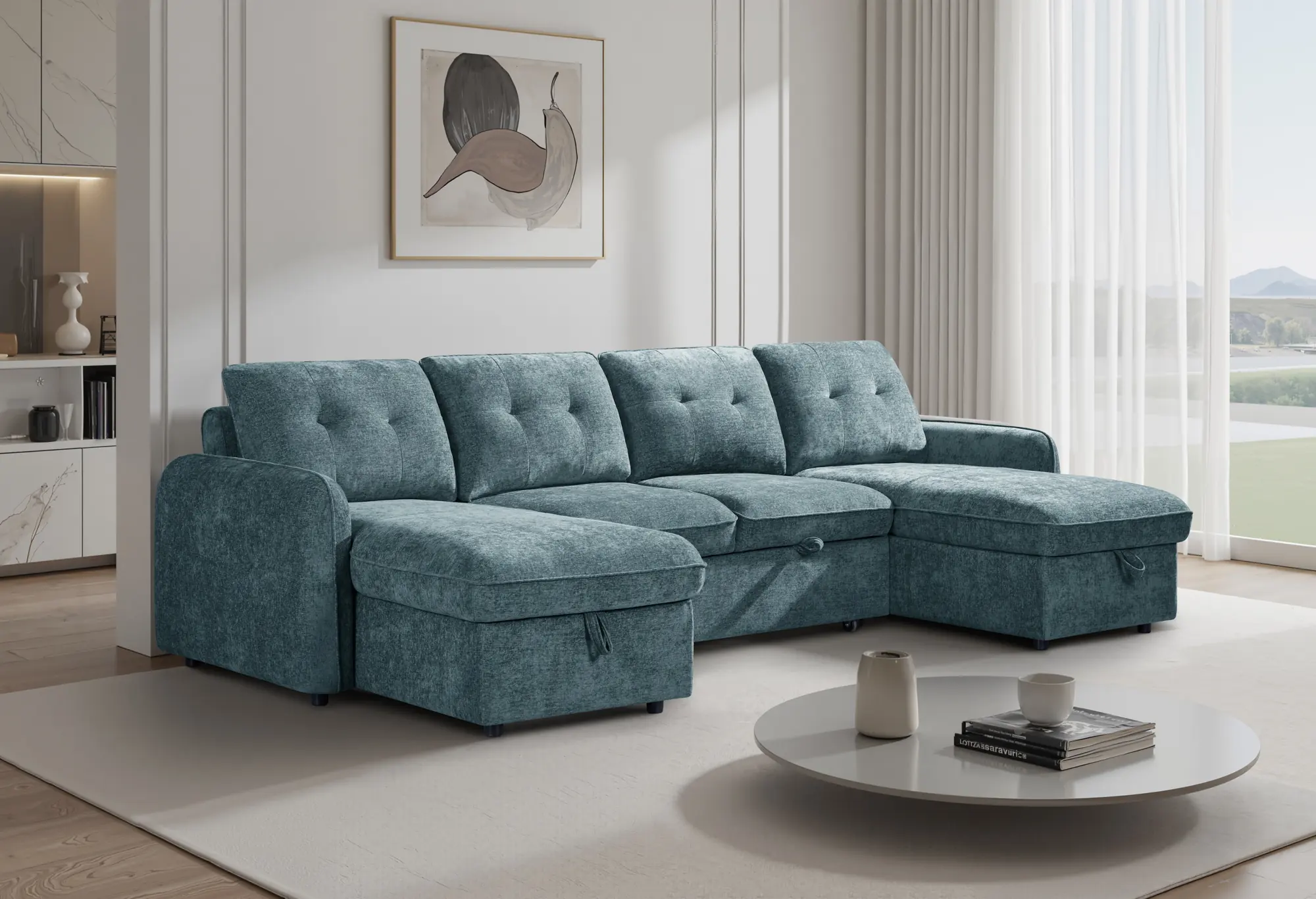 Moscow blue U shape sofa in a living room
