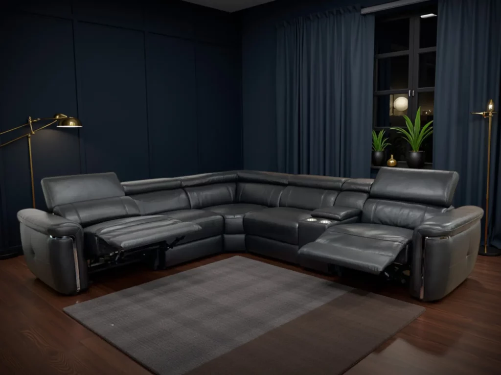 Somerville black large corner sofa in a dark living room