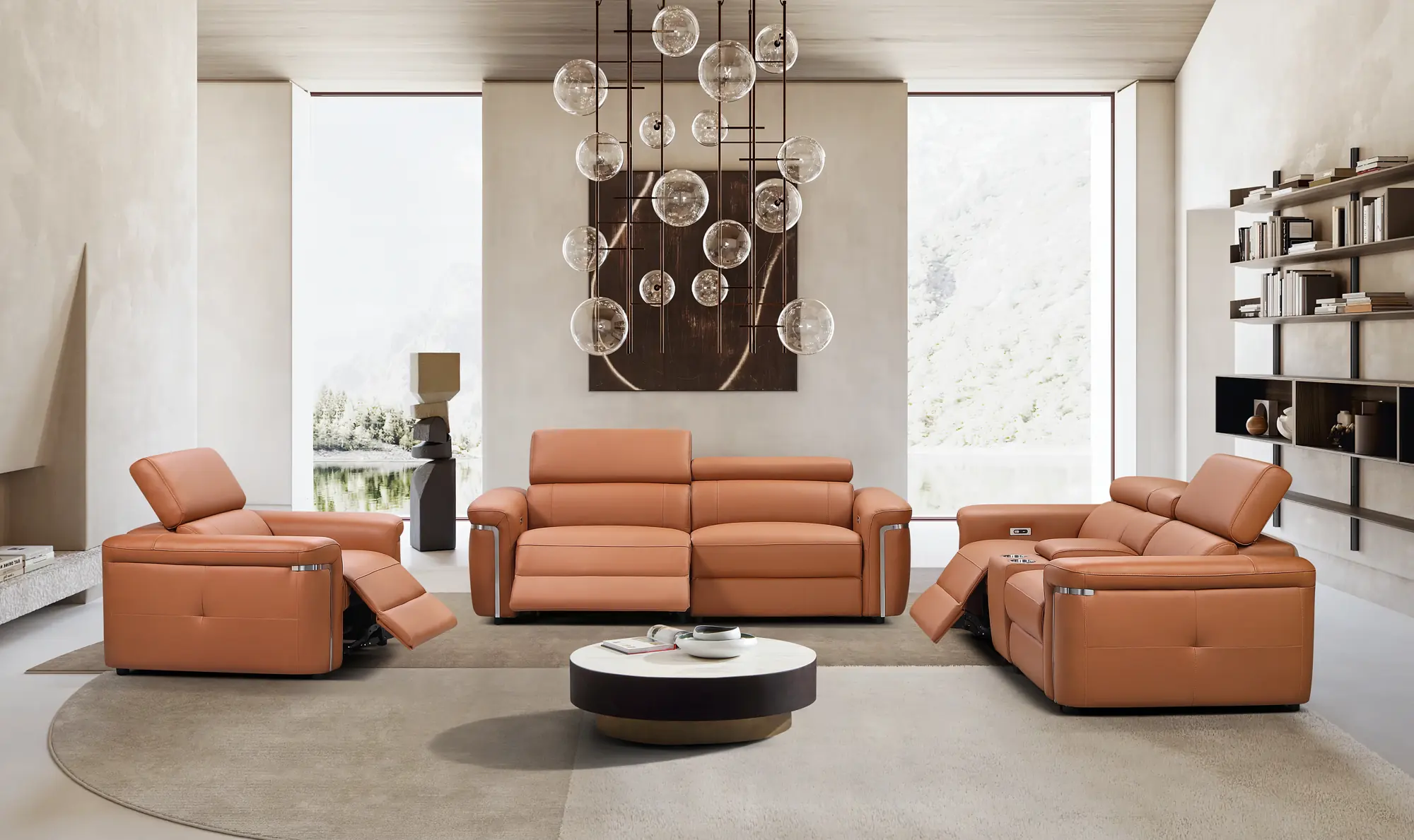 Somerville tan sofa set in a bright living room